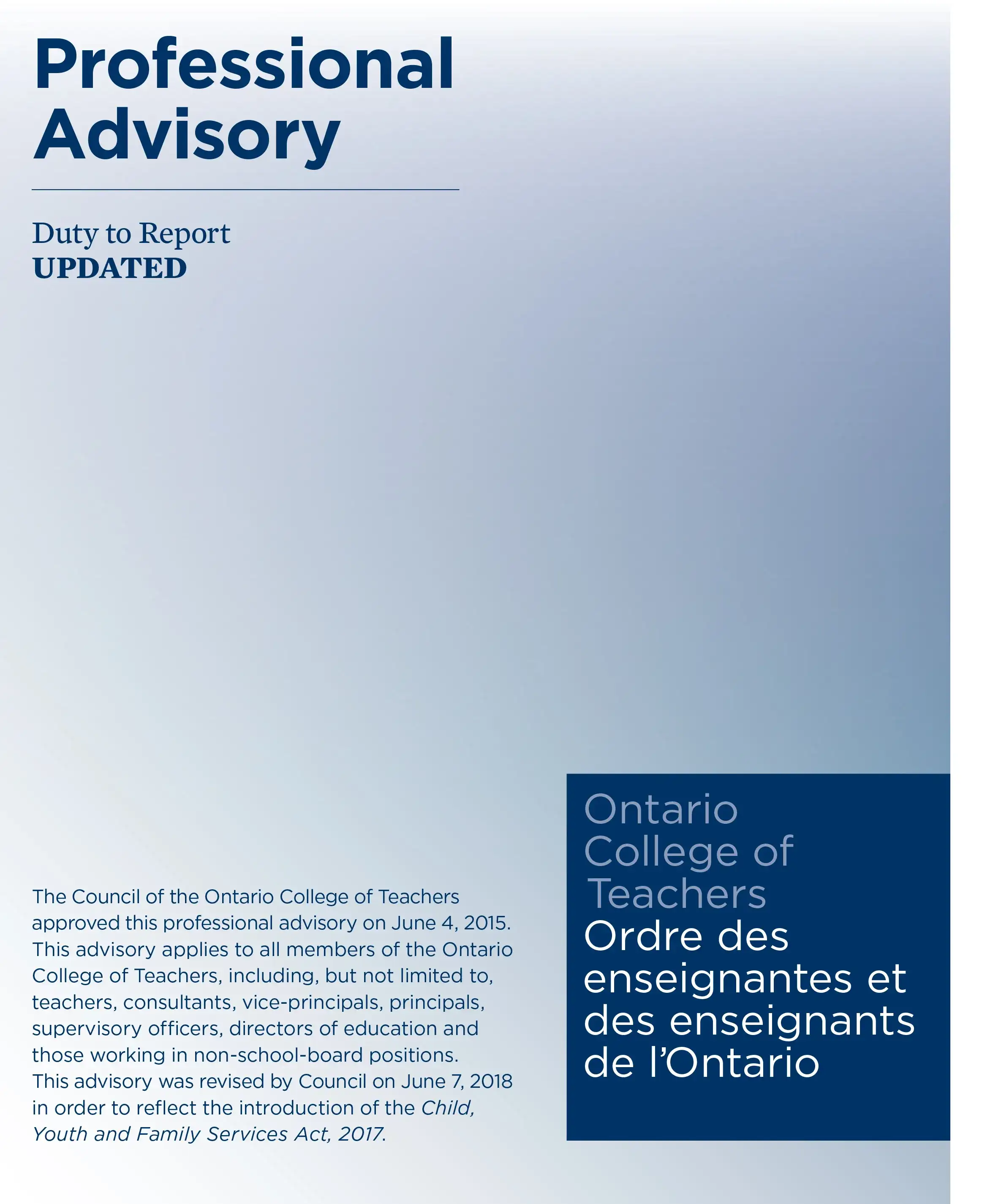 Duty to Report Professional Advisory cover